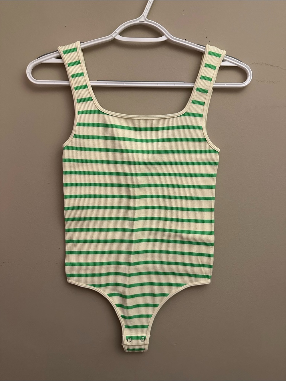 By Together Cream and Green Ribbed Stripe Tank Bodysuit